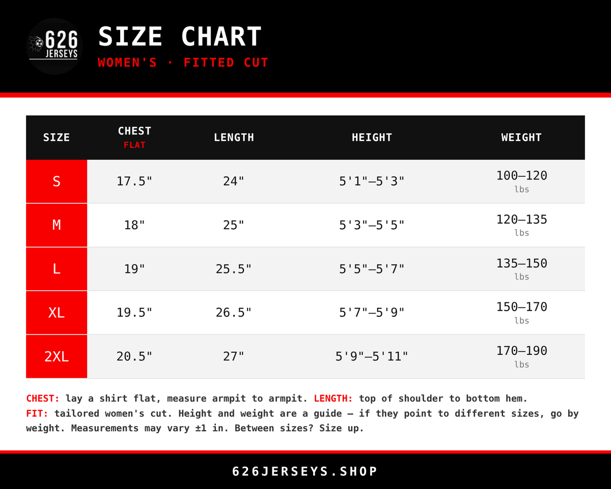 626 Jerseys size chart - Women's