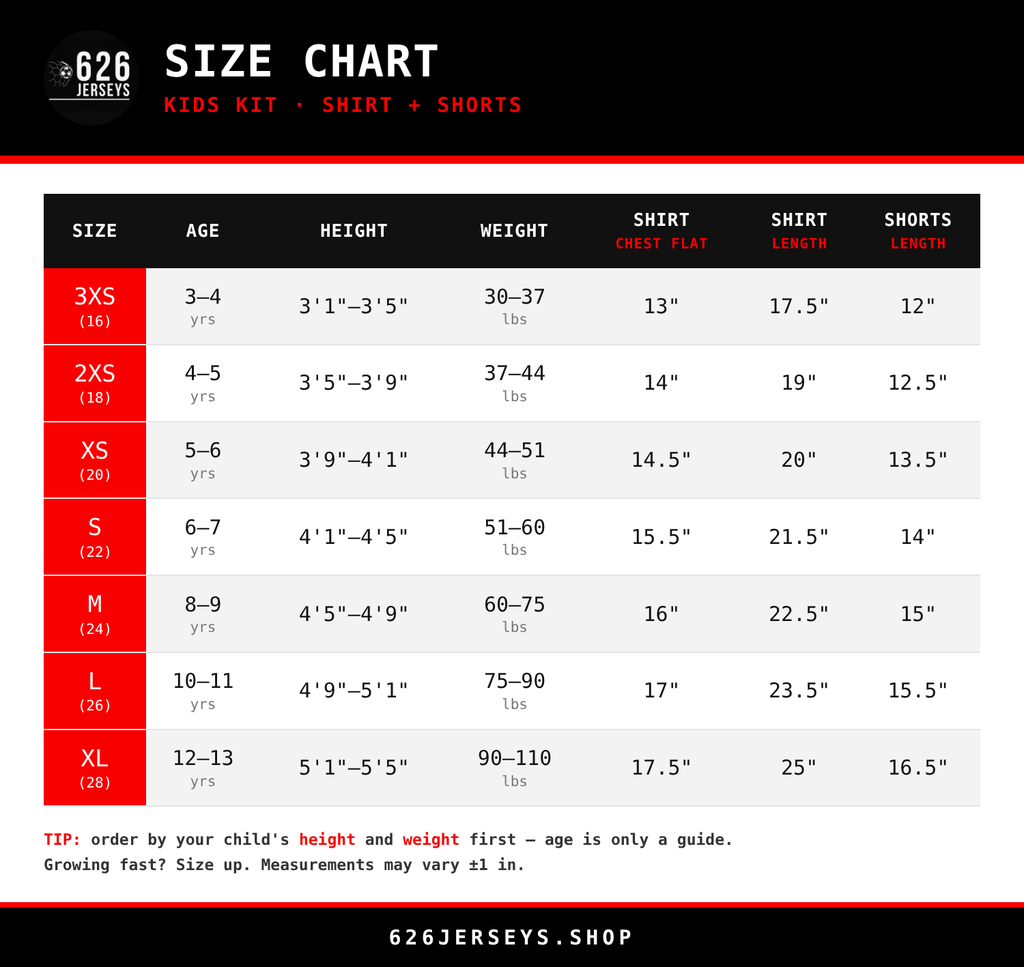 626 Jerseys size chart - Kids